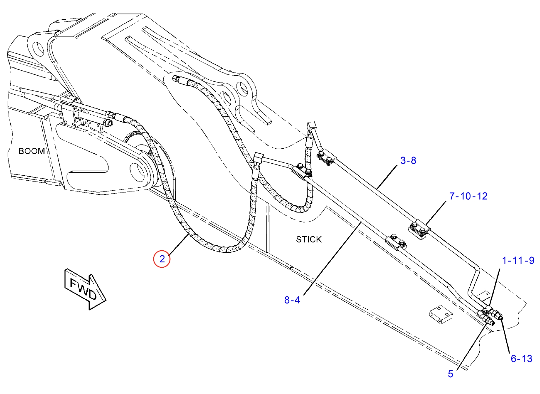 Caterpillar CAT®312E L installation diagram showing hydraulic hose 382-7079 at Pipe No. 2