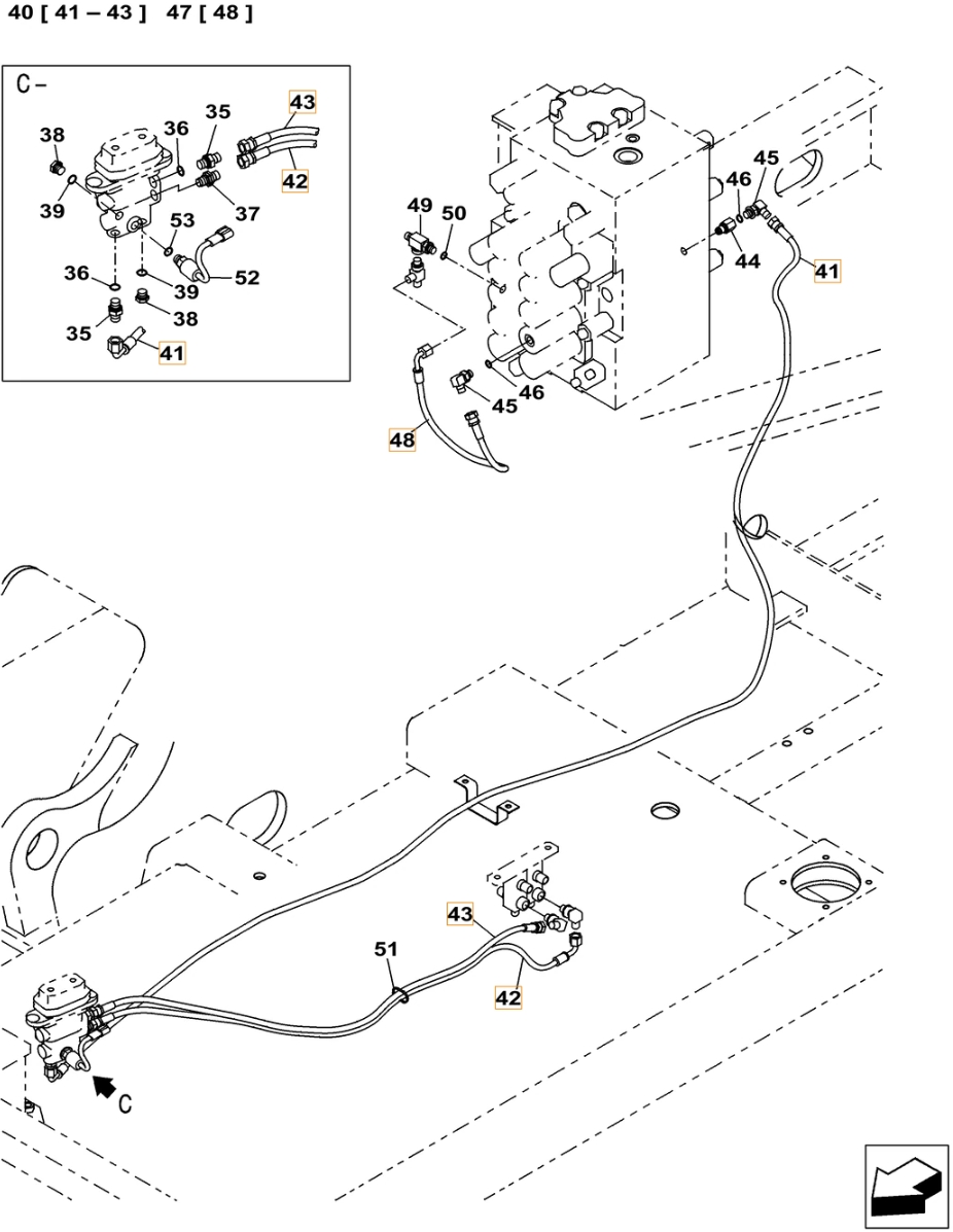 Case CX240C installation diagram showing hydraulic hose KHJ2092 at Pipe No. 42