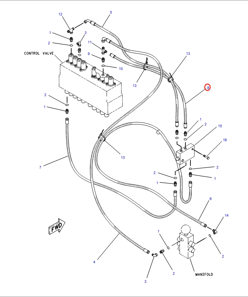 Caterpillar CAT®317 N installation diagram showing hydraulic hose 5I-3124 at Pipe No. 8