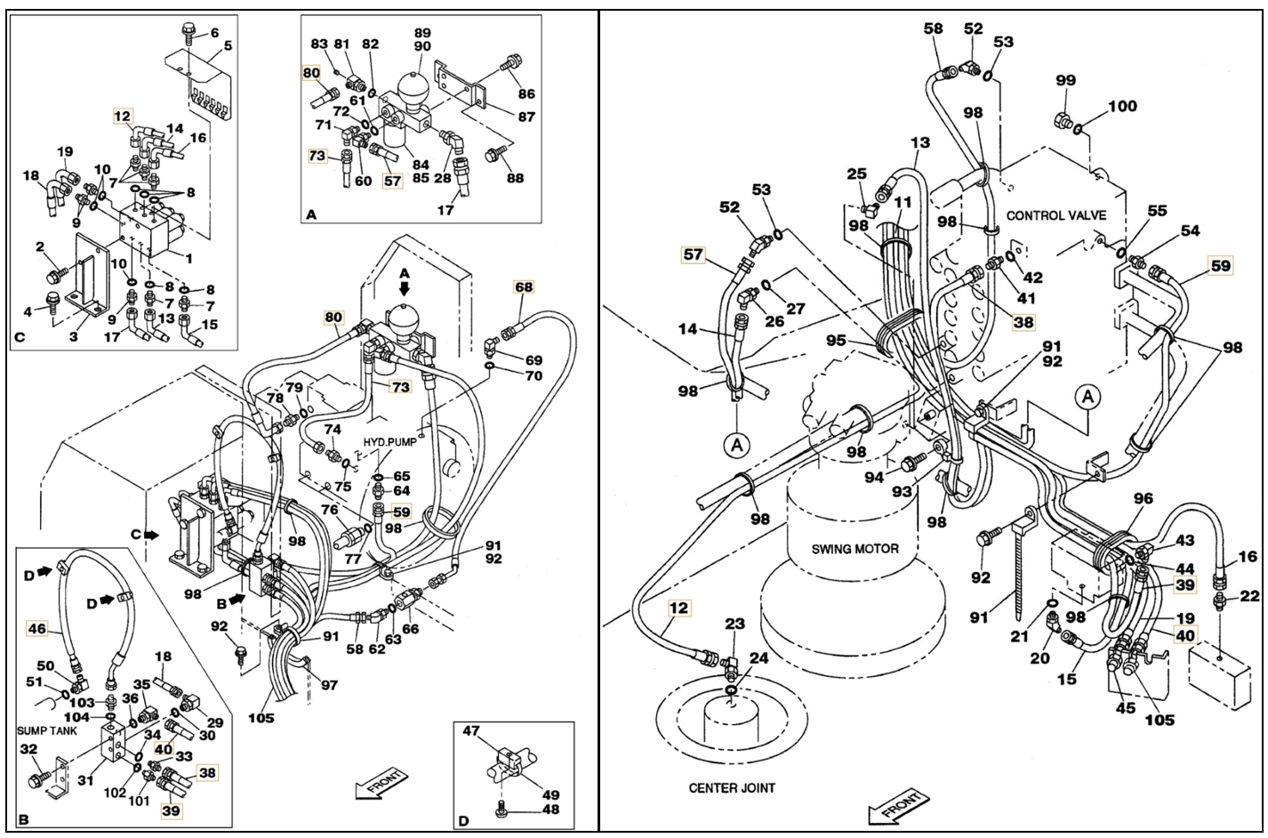 Case CX210 installation diagram showing hydraulic hose 153484A1 at Pipe No. 39