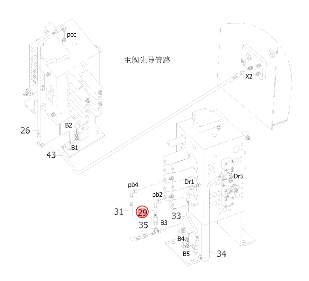 Sunward SWE210 installation diagram showing hydraulic hose 730501001453 at Pipe No. 29