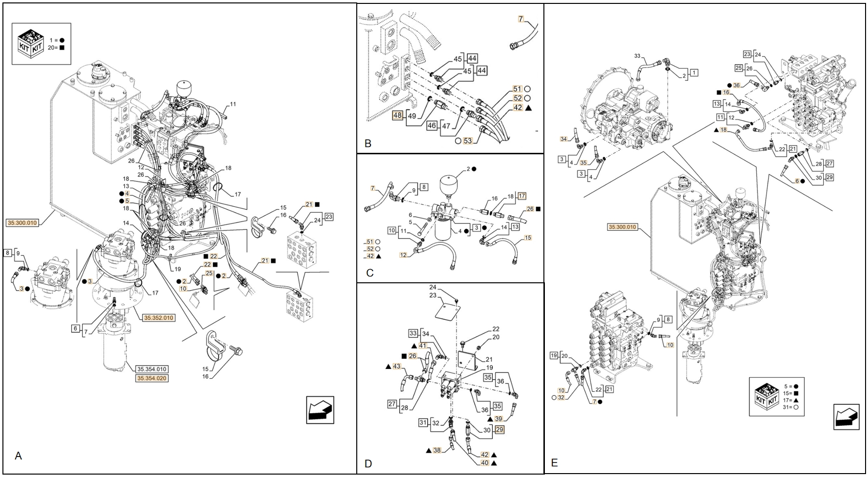 Case CX130E installation diagram showing hydraulic hose KHJ14900 at Pipe No. A5-D43-E36