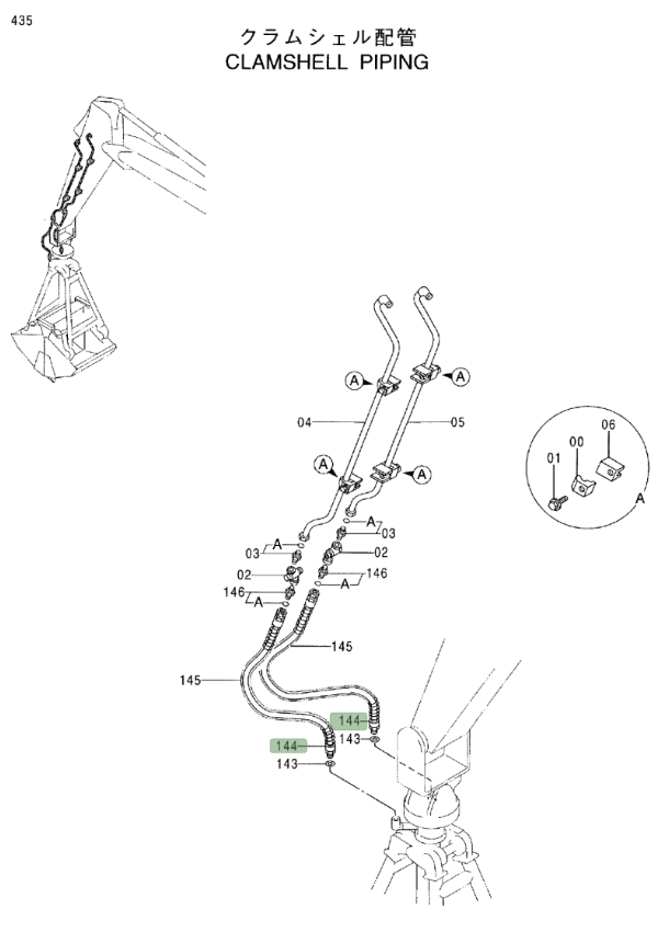 Hitachi EX200LC-5 installation diagram showing hydraulic hose 4288439 at Pipe No. 144