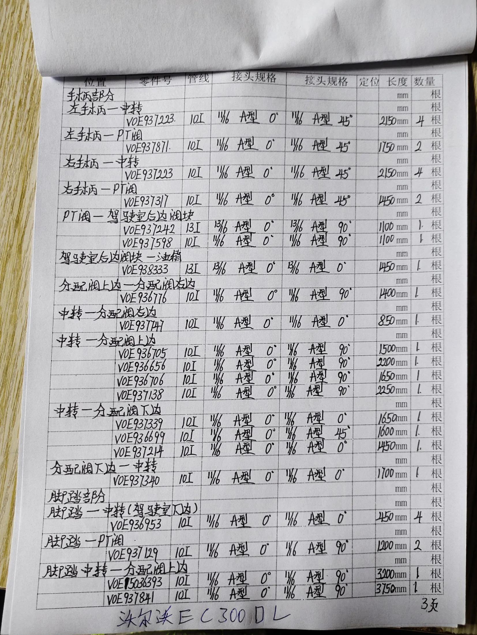 Volvo EC300D L hydraulic hose part numbers and recorded lengths — technician notebook page 3 of 5