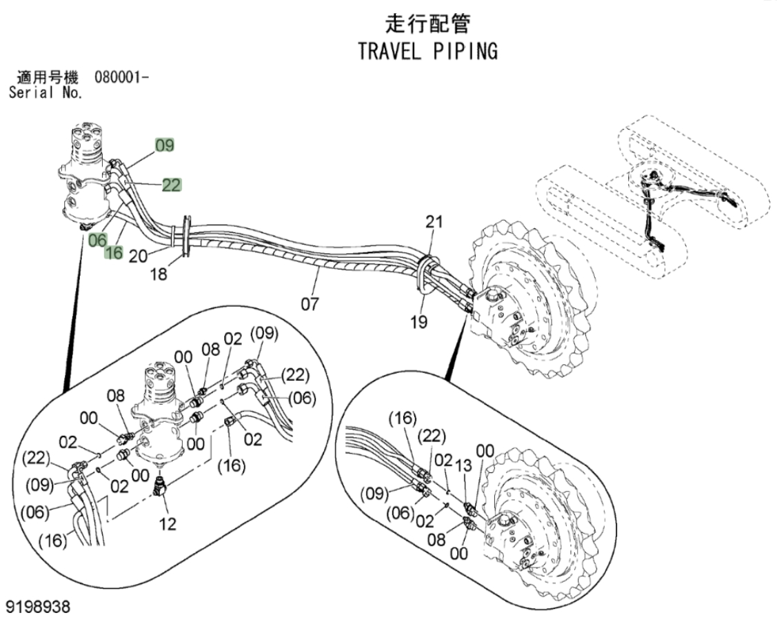Hitachi ZX85USB-3 installation diagram showing hydraulic hose 4677925 at Pipe No. 22