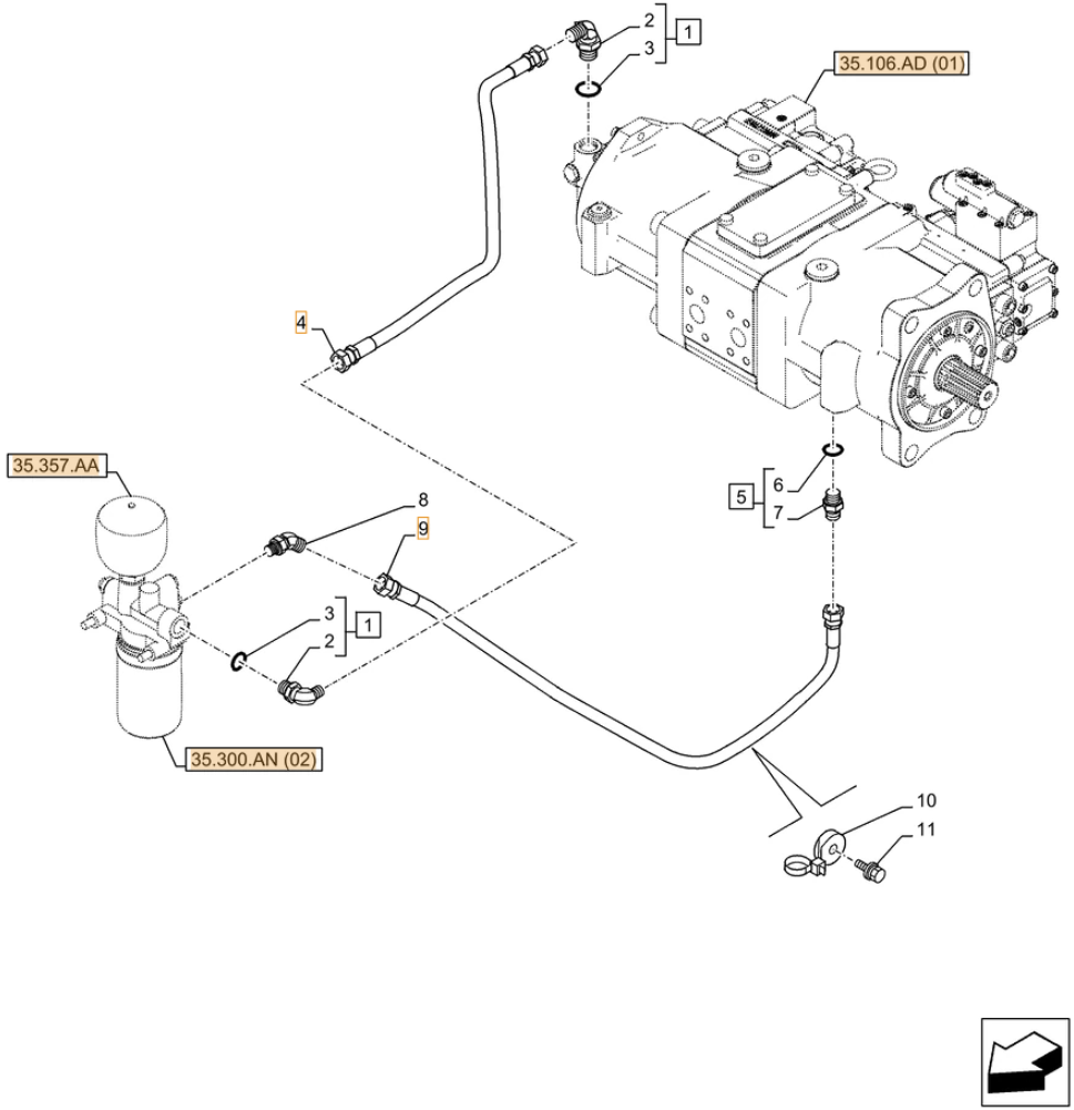 Case CX250D NLC installation diagram showing hydraulic hose KHJ11520 at Pipe No. 9