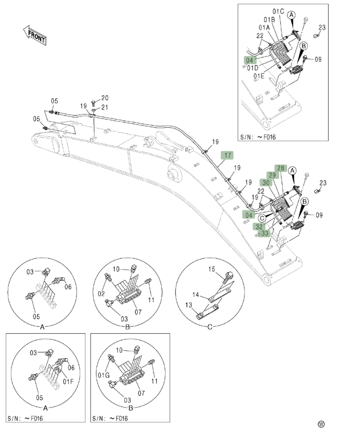 Hitachi ZX600LC installation diagram showing hydraulic hose 4607460 at Pipe No. 33