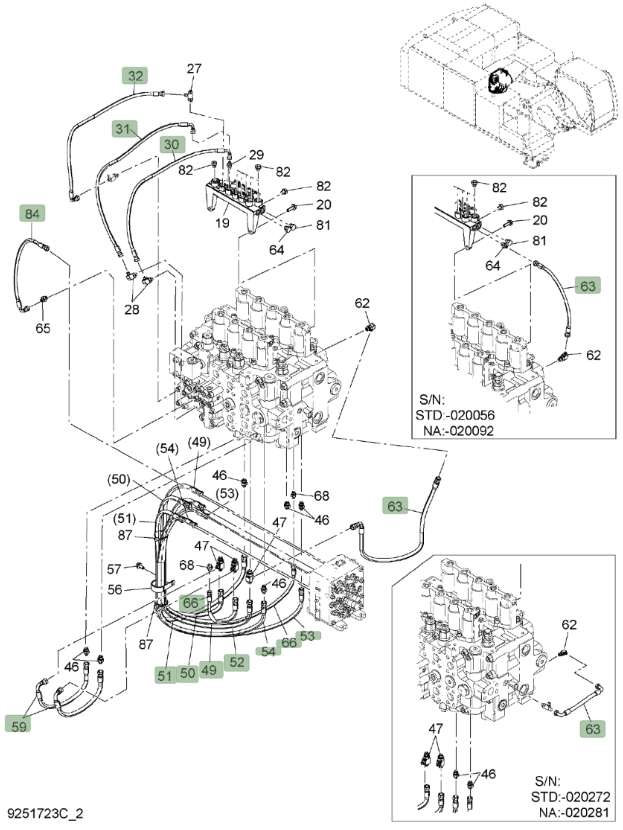Hitachi ZX850LC-3 installation diagram showing hydraulic hose 4634368 at Pipe No. 50