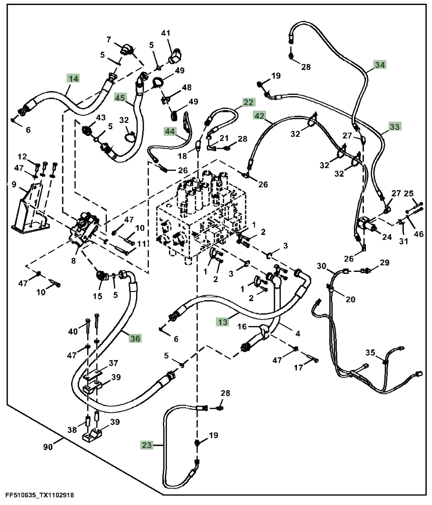 Hitachi ZX160LC-5N installation diagram showing hydraulic hose 4645516 at Pipe No. 42