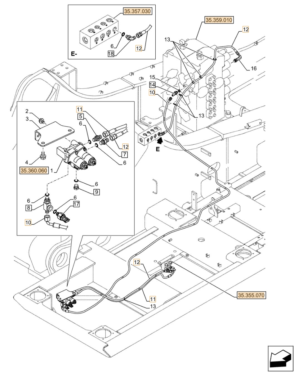 Case CX500D LC ME installation diagram showing hydraulic hose KHJ2093 at Pipe No. 11