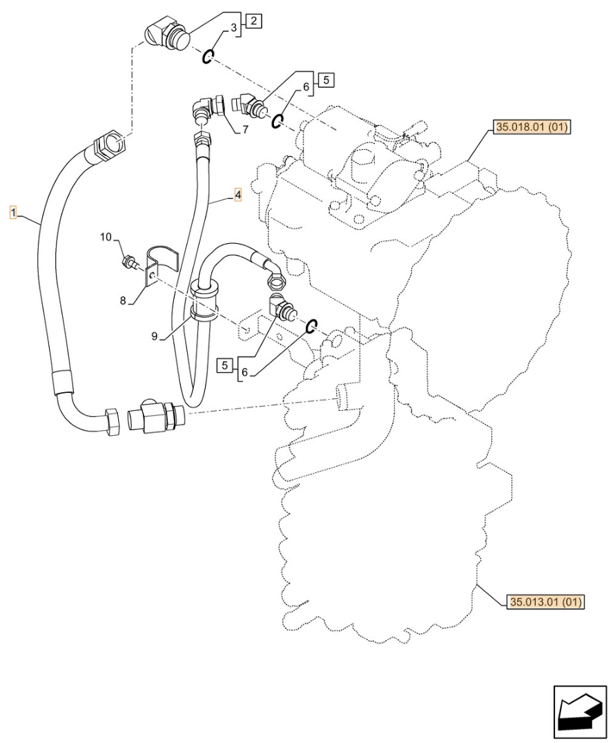 Case CX130C installation diagram showing hydraulic hose KRJ10750 at Pipe No. 1