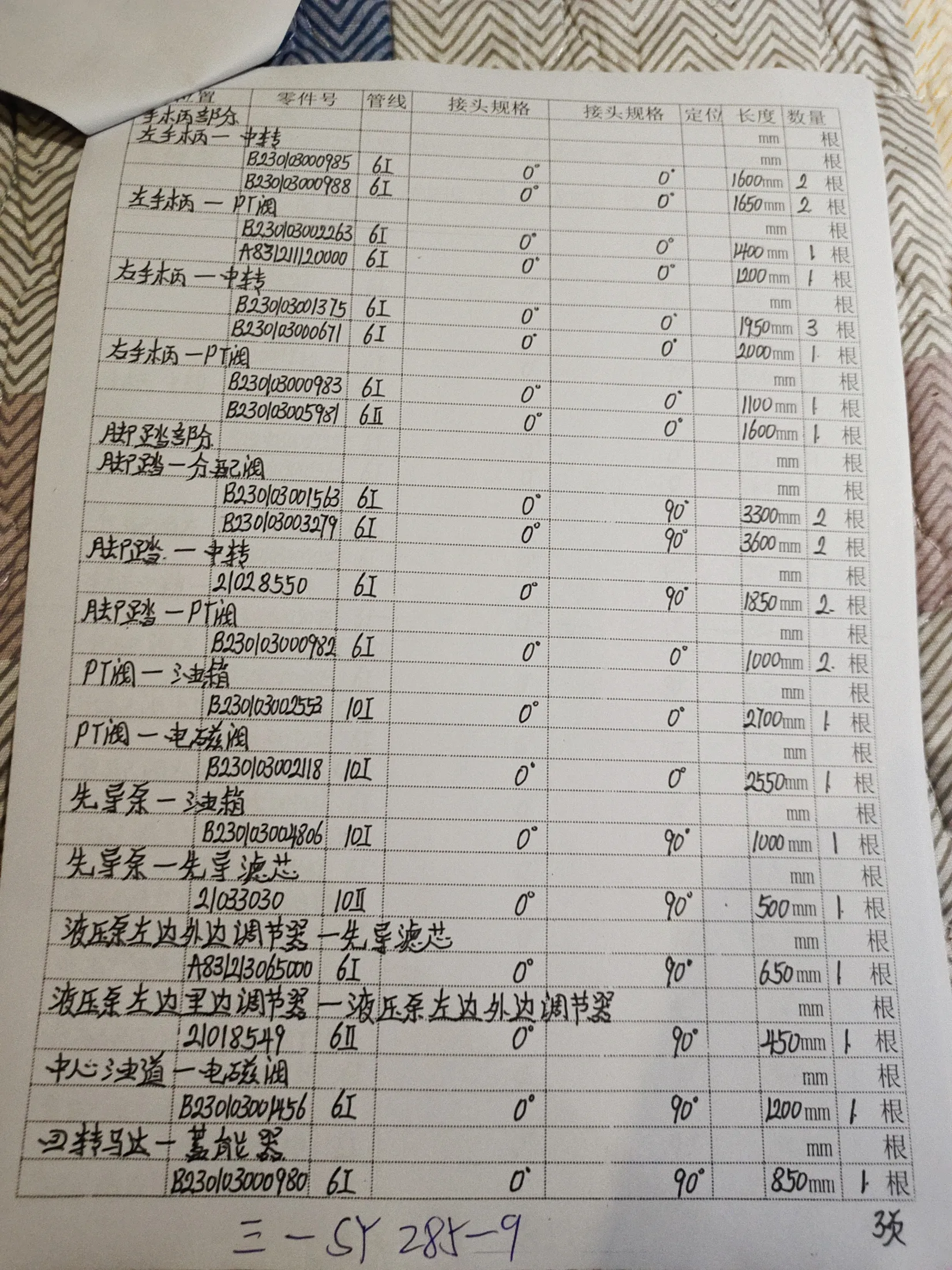 SANY 285-9C9I2KO hydraulic hose part numbers and recorded lengths — technician notebook page 3 of 5 — recorded hose parts A8321120000, A8323065000, B23003000671
