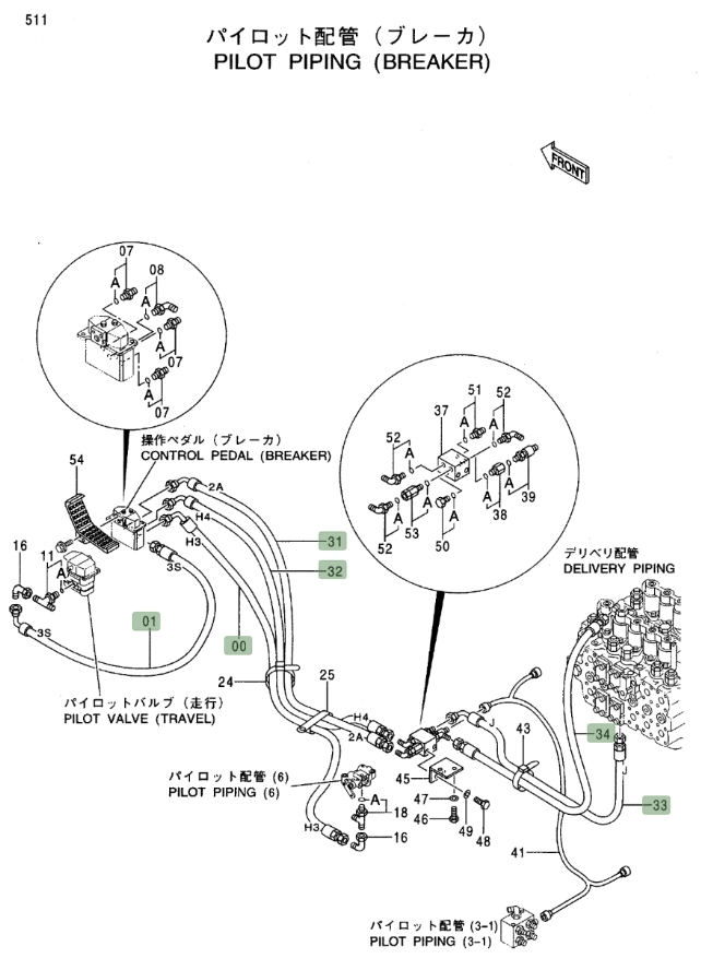 Hitachi EX450LC-5 installation diagram showing hydraulic hose 4375307 at Pipe No. 34