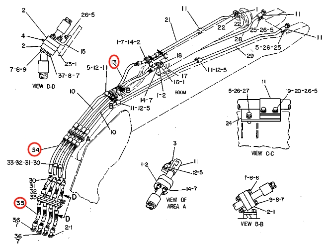 Caterpillar CAT®235C installation diagram showing hydraulic hose 2V-0577 at Pipe No. 34