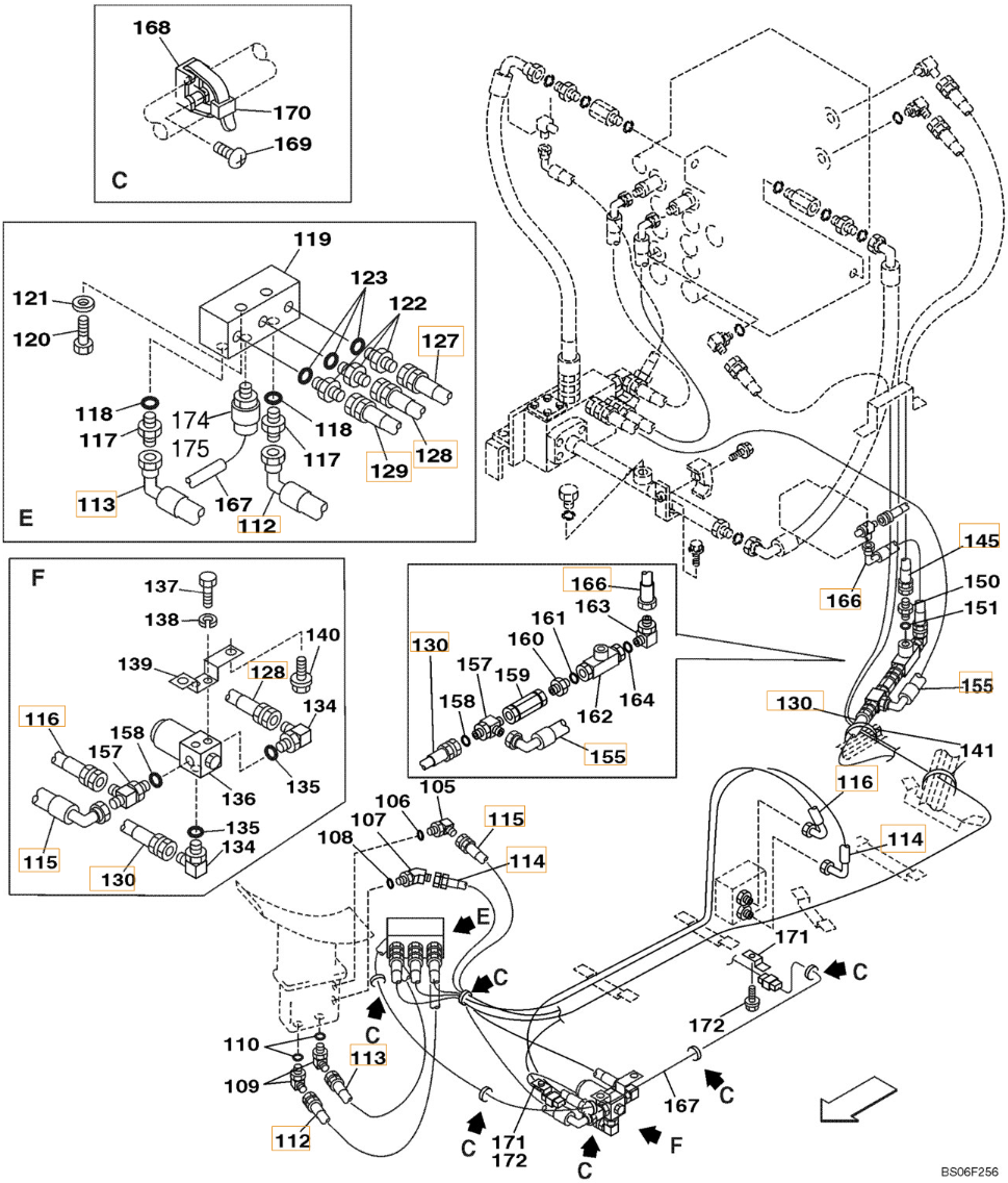 Case CX290 installation diagram showing hydraulic hose 161272A1 at Pipe No. 128