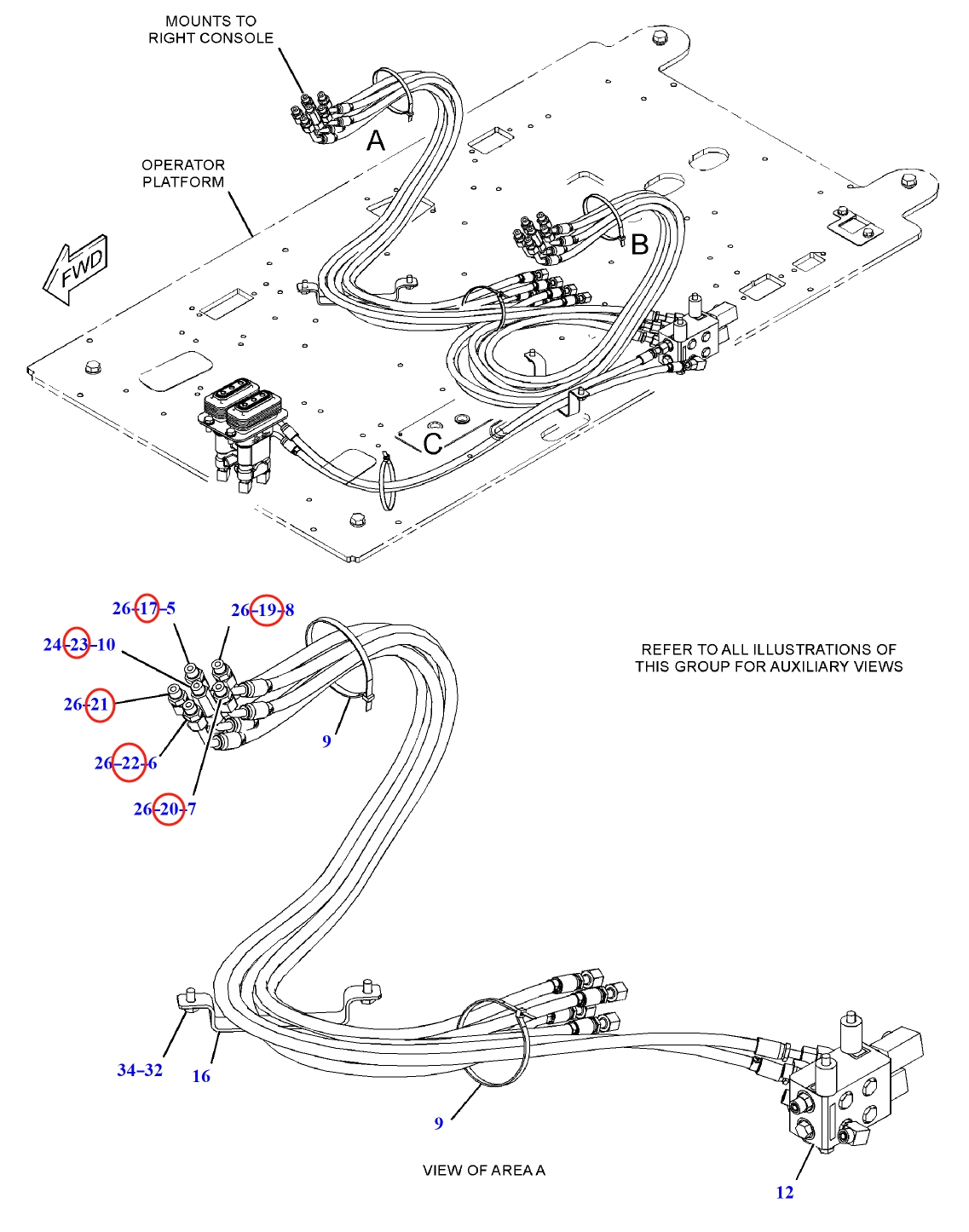 Caterpillar CAT®312E L installation diagram showing hydraulic hose 204-8543 at Pipe No. 6