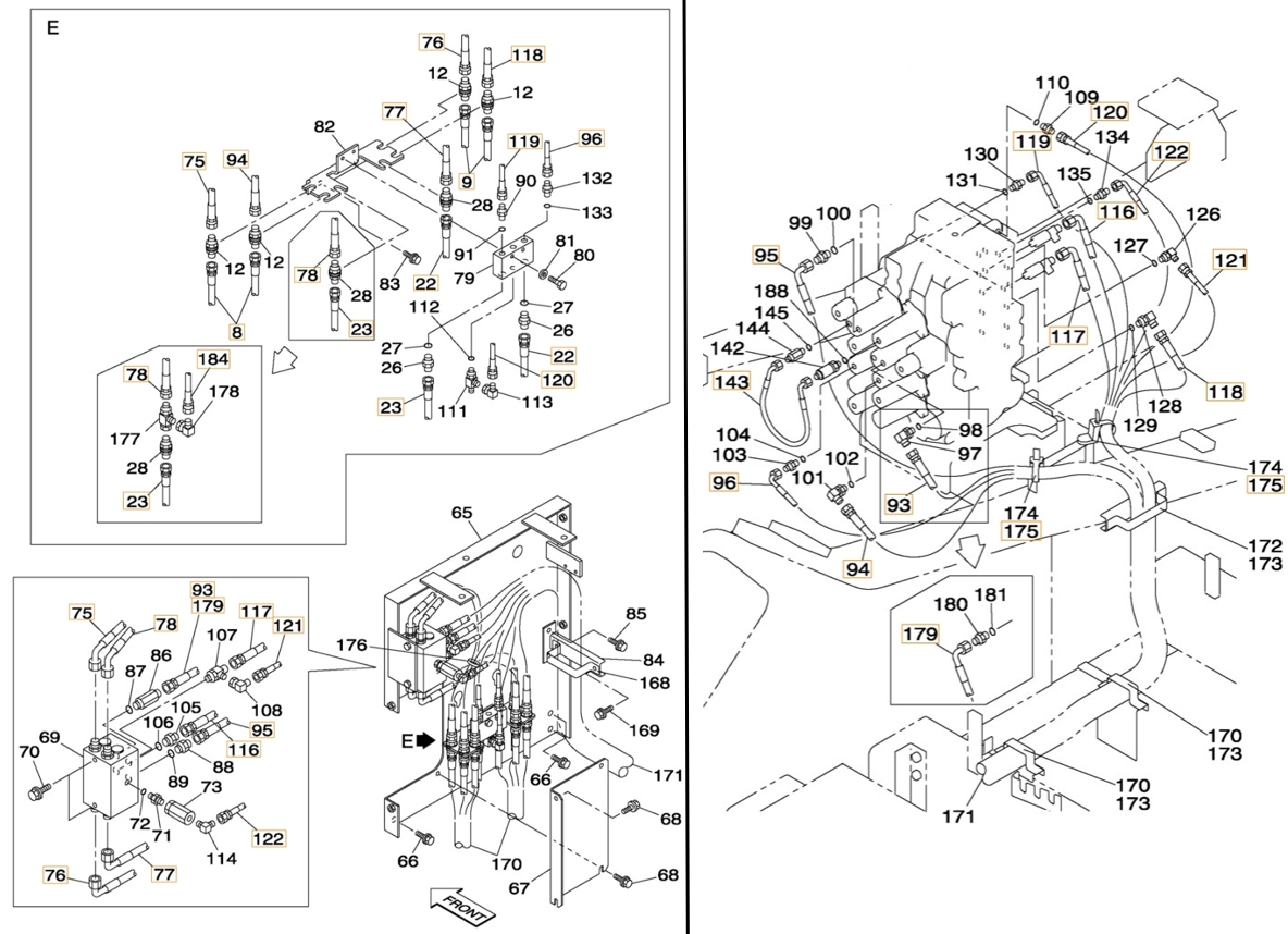 Case CX330 installation diagram showing hydraulic hose KAJ3508 at Pipe No. 120