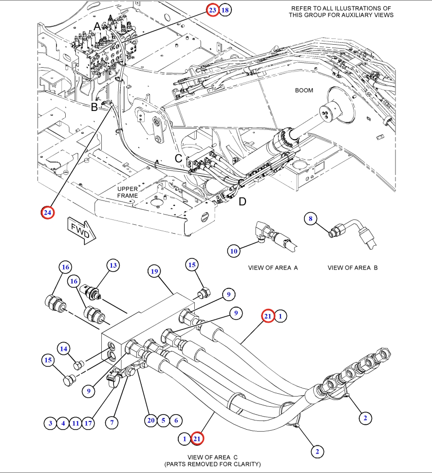 Caterpillar CAT®317 installation diagram showing hydraulic hose 600-5475 at Pipe No. 23
