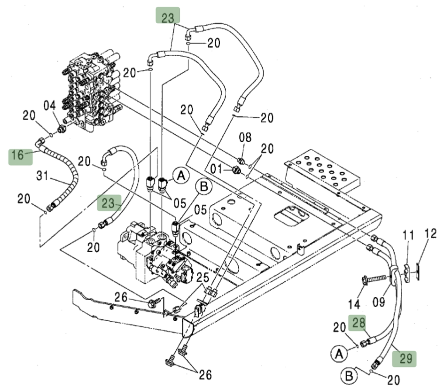 Hitachi ZX80 installation diagram showing hydraulic hose 4455527 at Pipe No. 28