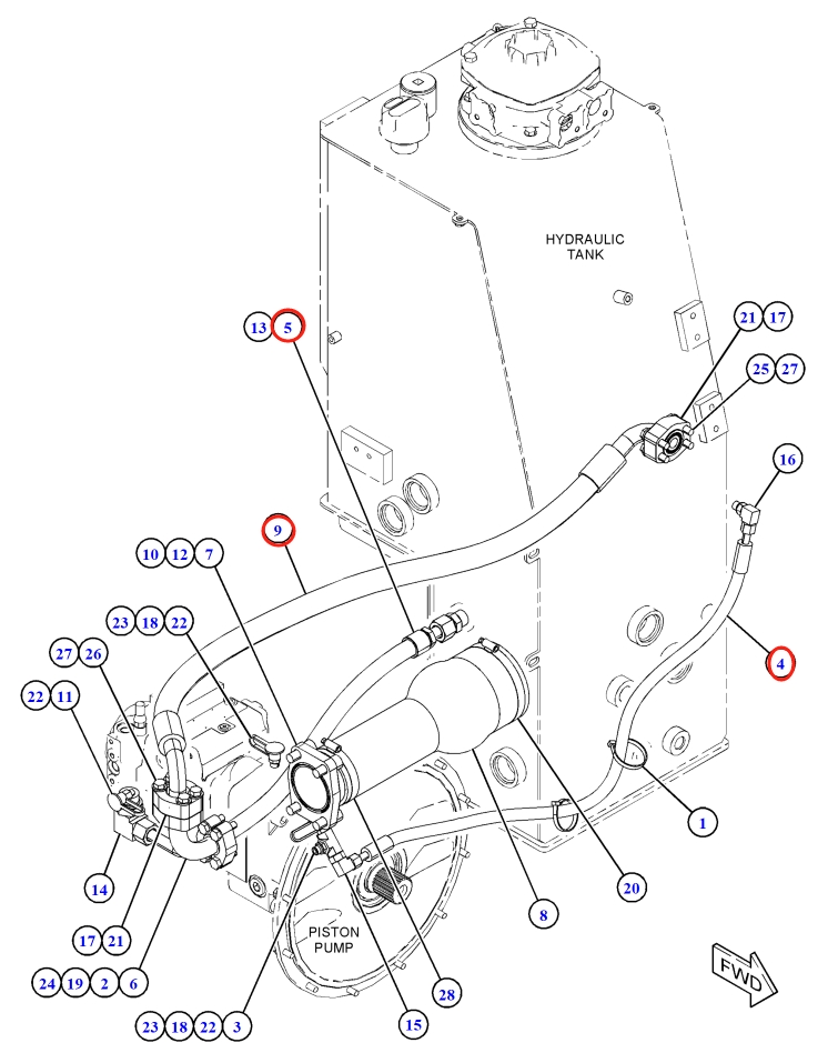 Caterpillar CAT®M315F installation diagram showing hydraulic hose 243-4626 at Pipe No. 4