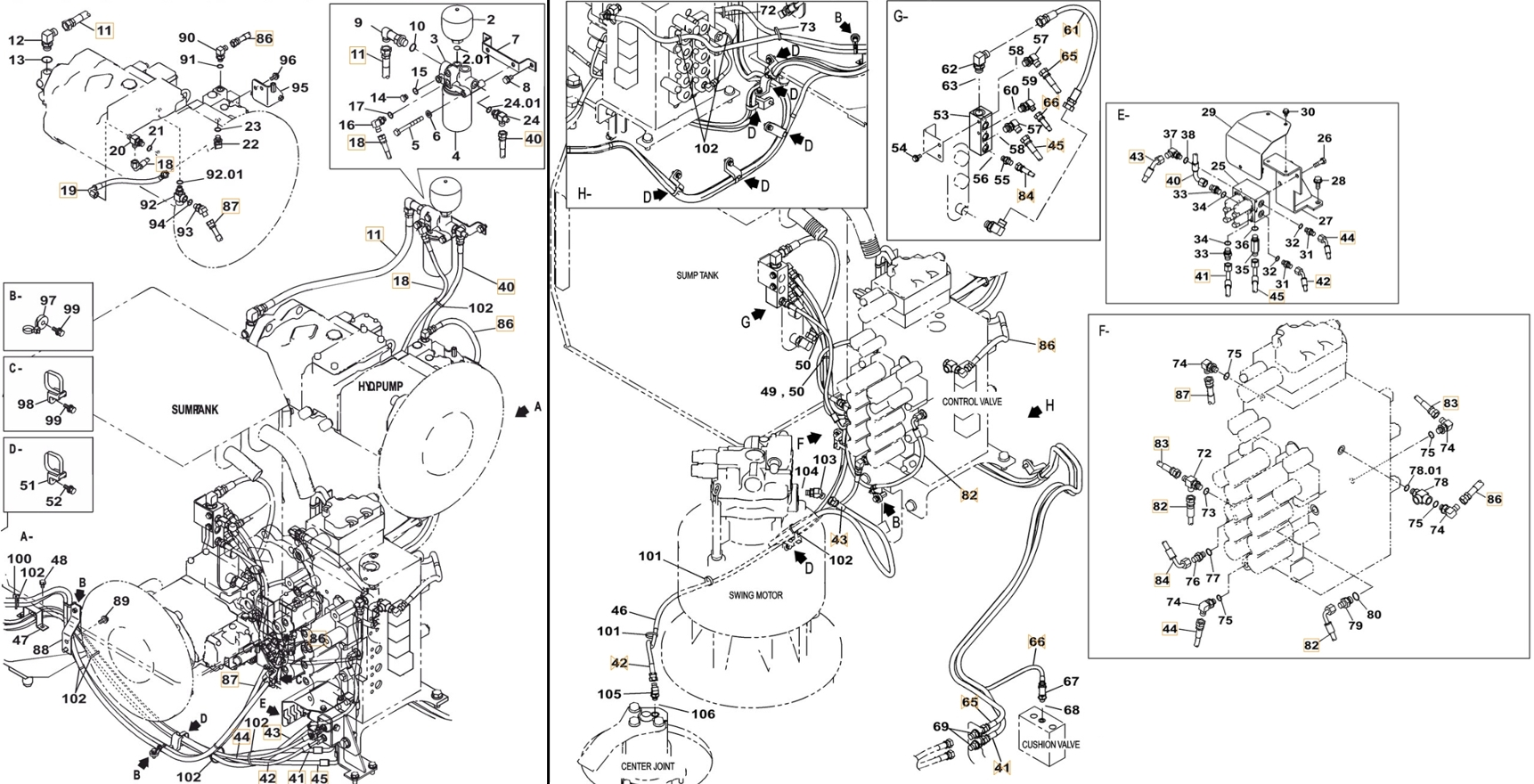 Case CX370C installation diagram showing hydraulic hose KHJ2309 at Pipe No. 84