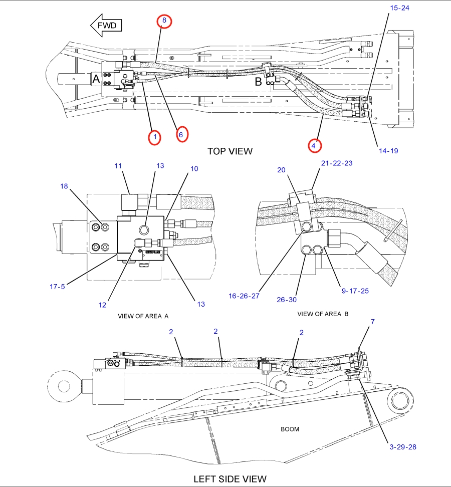 Caterpillar CAT®316F L installation diagram showing hydraulic hose 4I-6136 at Pipe No. 1