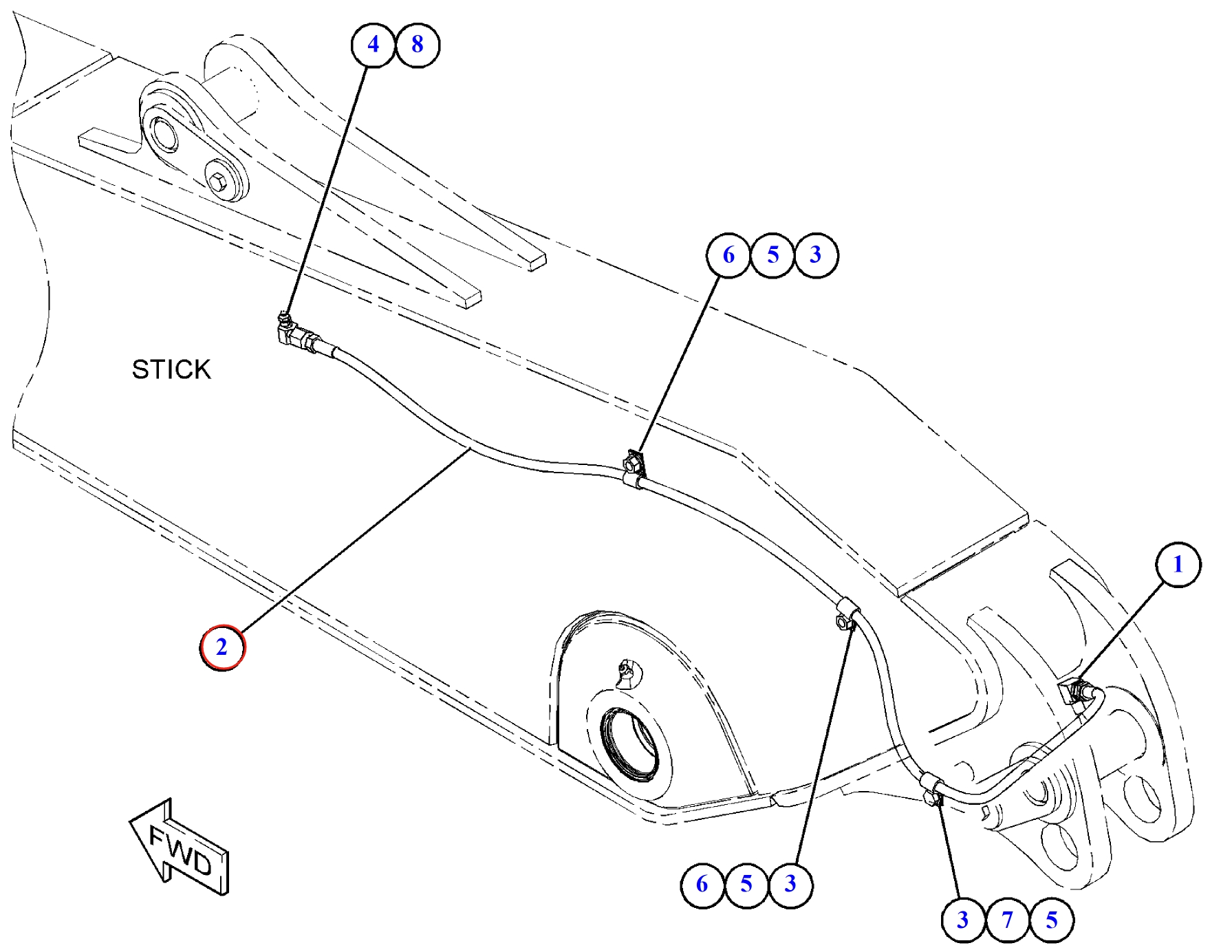 Caterpillar CAT®313F LGC installation diagram showing hydraulic hose 203-7400 at Pipe No. 2