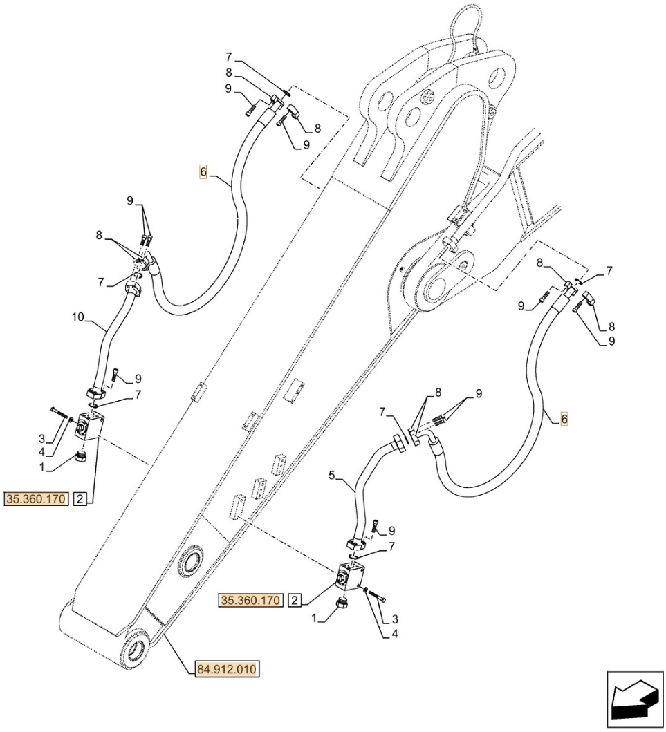 Case CX500D LC ME installation diagram showing hydraulic hose KBV16090 at Pipe No. 6