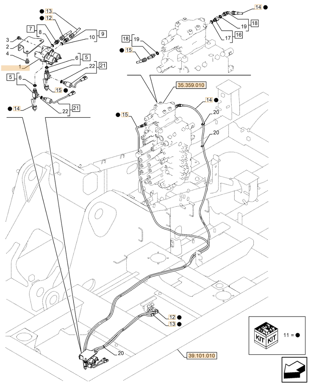 Case CX210E LC installation diagram showing hydraulic hose KHJ2087 at Pipe No. 13