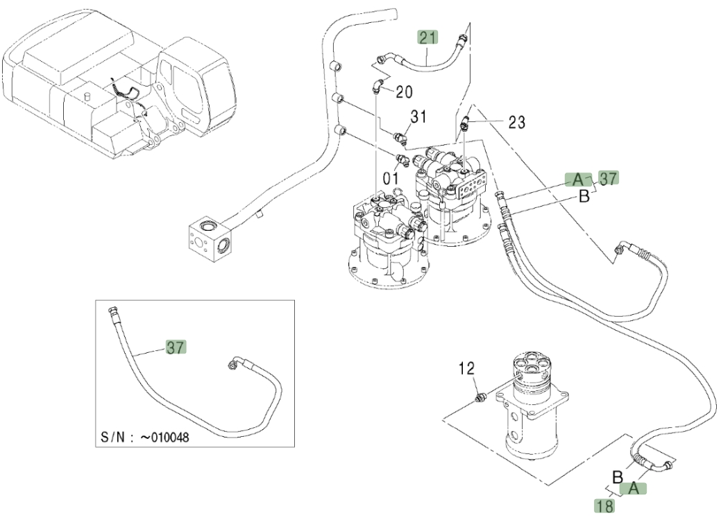 Hitachi ZX450LC installation diagram showing hydraulic hose 9206759 at Pipe No. 18