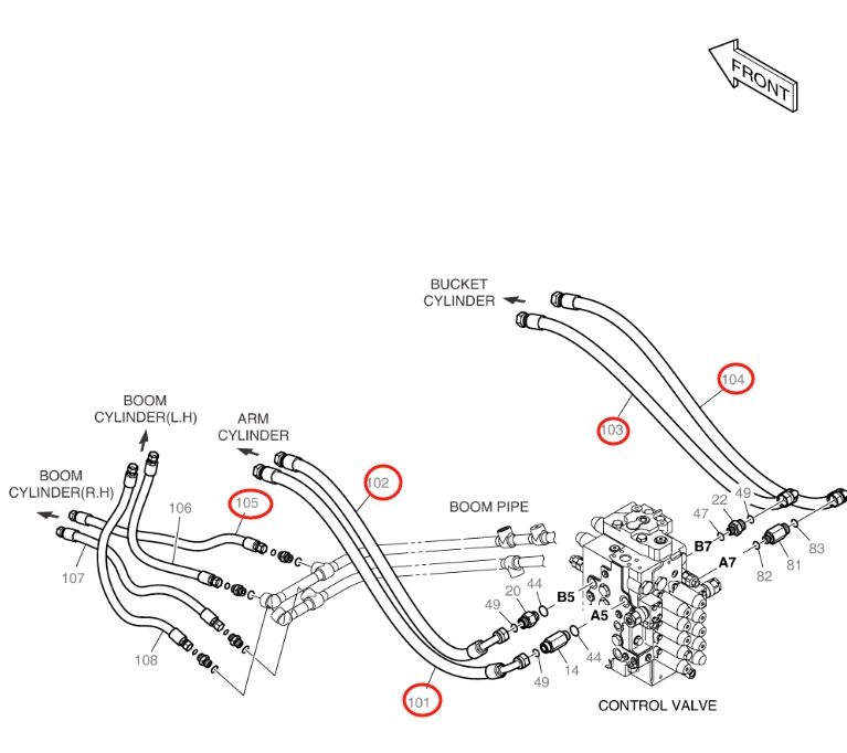 Doosan DX140LC-3 installation diagram showing hydraulic hose DS20131936 at Pipe No. 102