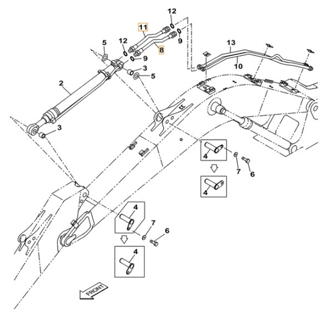 Case CX220B installation diagram showing hydraulic hose KBJ3115 at Pipe No. 11