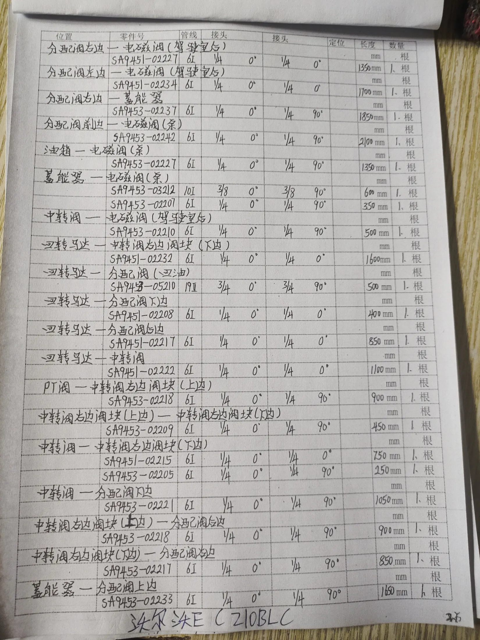 Volvo 210BLC hydraulic hose part numbers and recorded lengths — technician notebook page 7 of 8 — recorded hose parts SA9451-02211, SA9451-02215, SA9451-02232