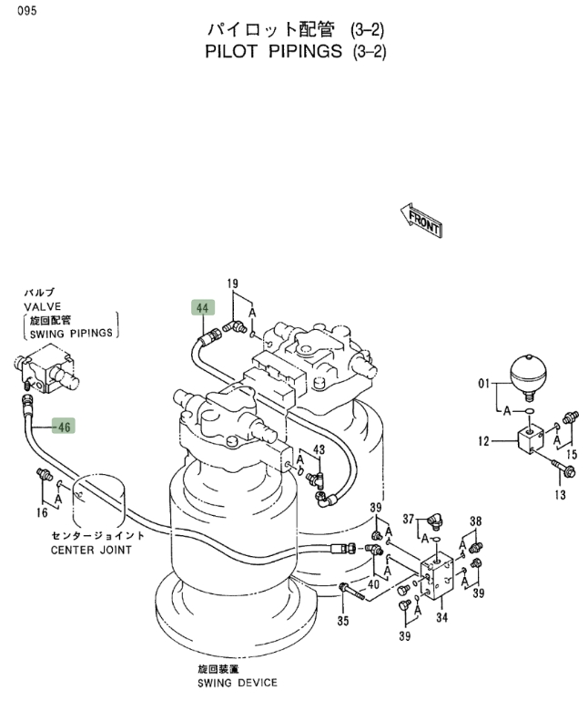 Hitachi EX400LC-3 installation diagram showing hydraulic hose 4333713 at Pipe No. 46