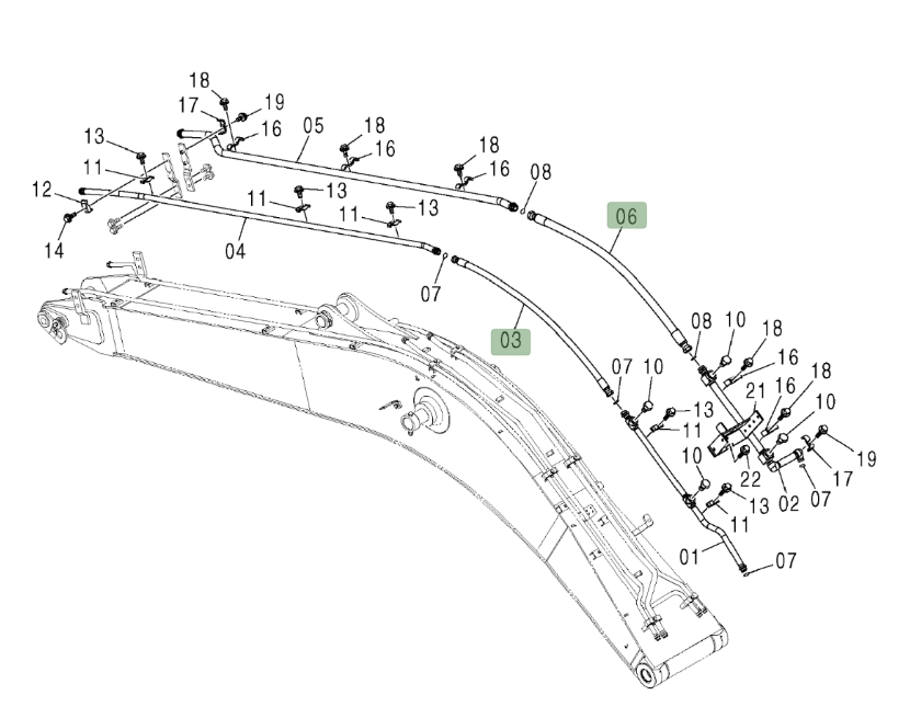 Hitachi ZX200LC installation diagram showing hydraulic hose 4357695 at Pipe No. 3