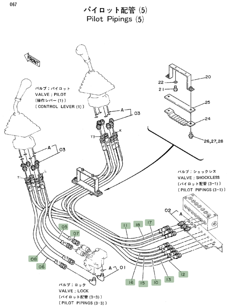 Hitachi EX150 installation diagram showing hydraulic hose 4203027 at Pipe No. 6