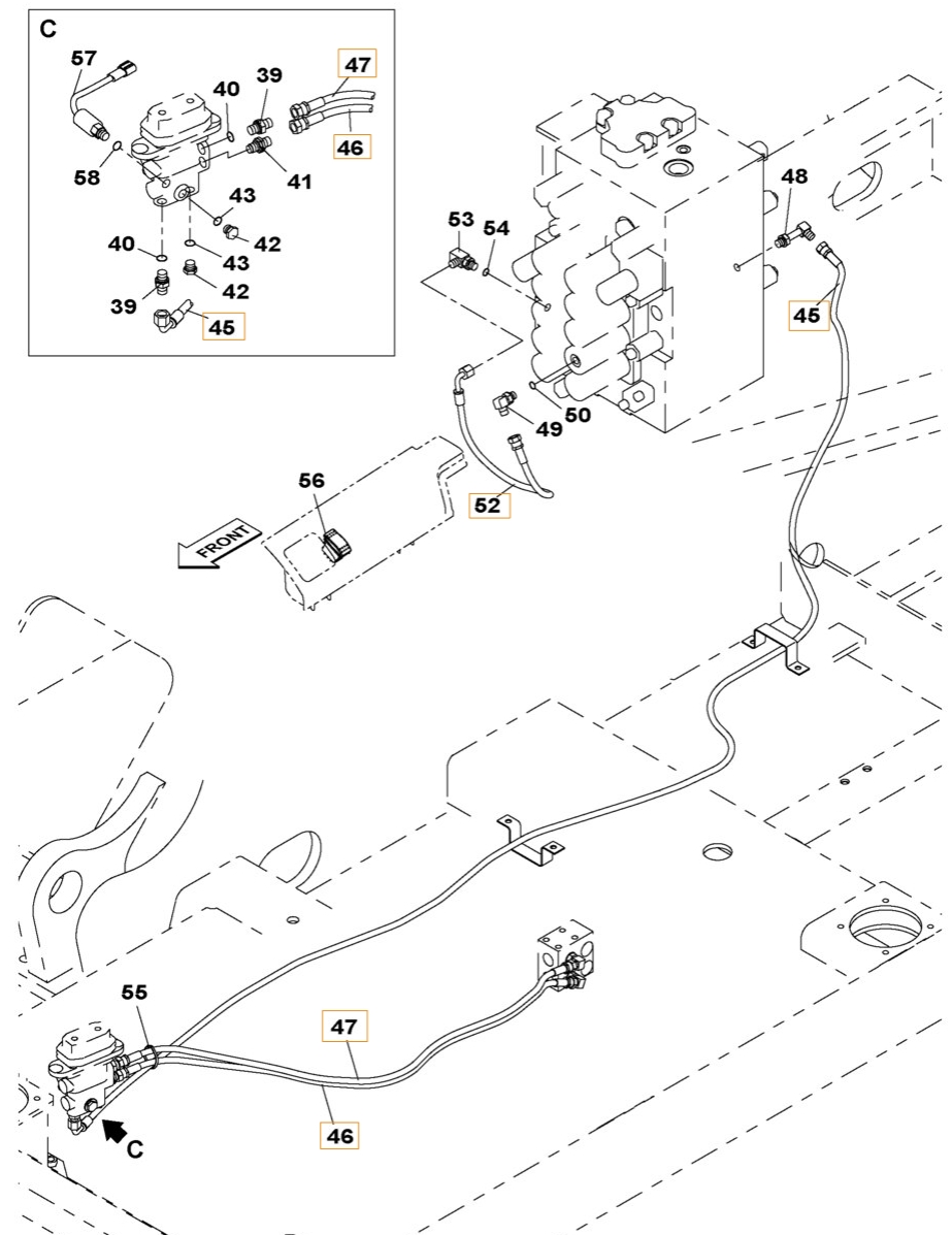 Case CX300B installation diagram showing hydraulic hose KHJ2309 at Pipe No. 52