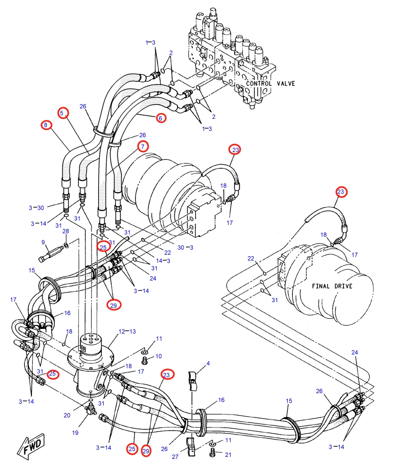 Caterpillar CAT®317-A installation diagram showing hydraulic hose 5I-3127 at Pipe No. 25