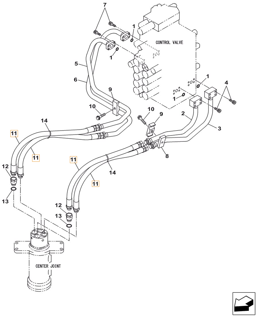 Case CX250C LC installation diagram showing hydraulic hose KBJ10430 at Pipe No. 11