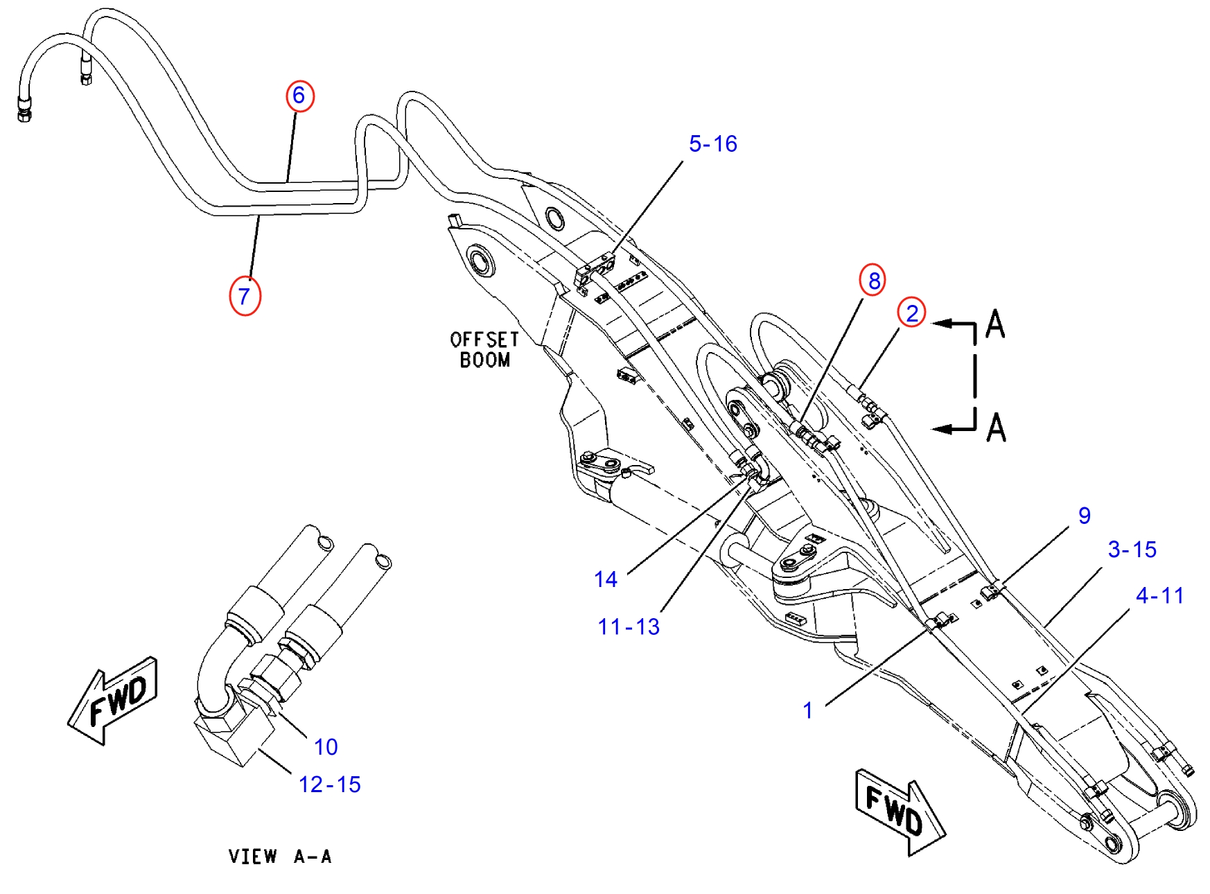 Caterpillar CAT®M312 installation diagram showing hydraulic hose 148-7094 at Pipe No. 6