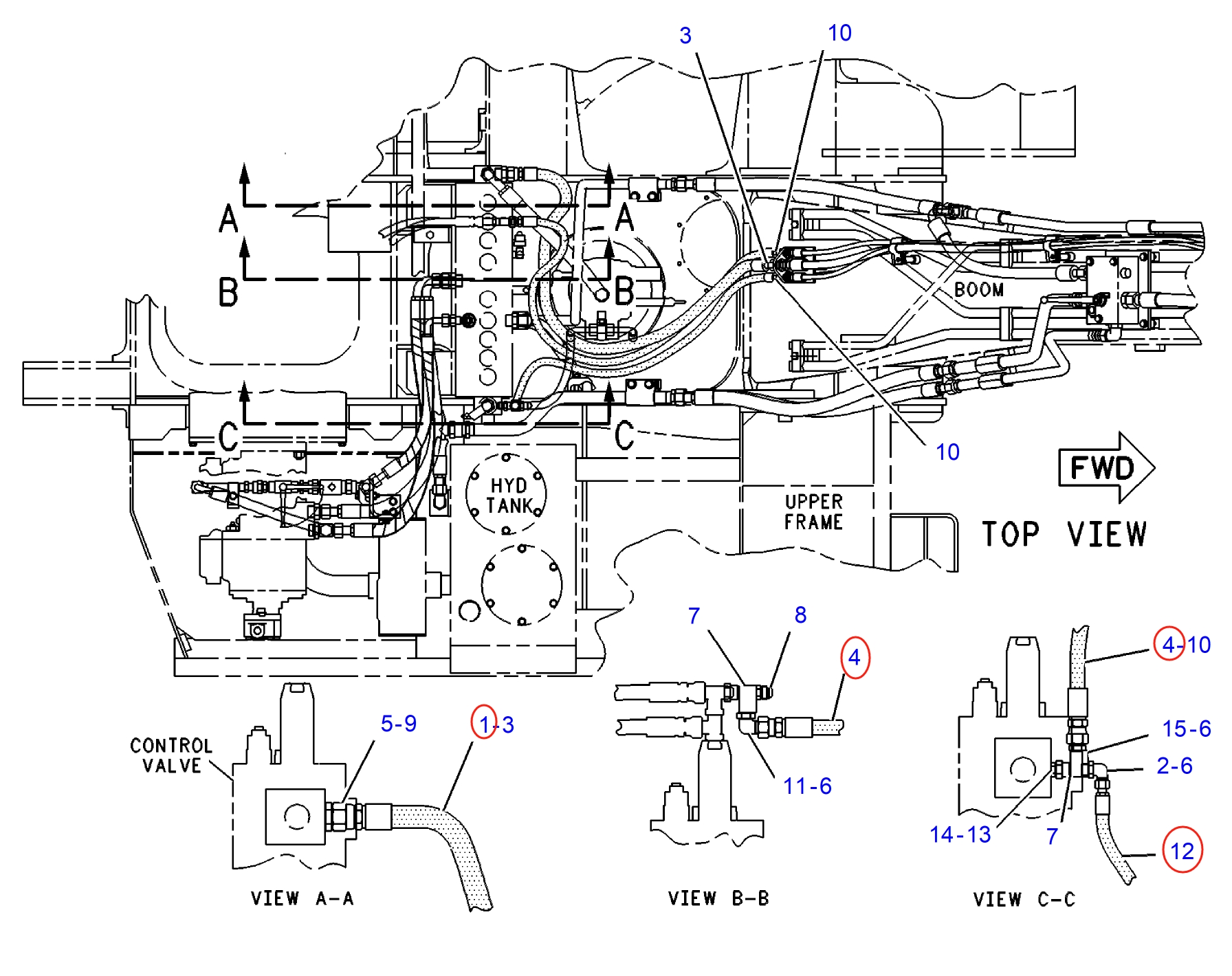 Caterpillar CAT®312-A installation diagram showing hydraulic hose 137-6450 at Pipe No. 1