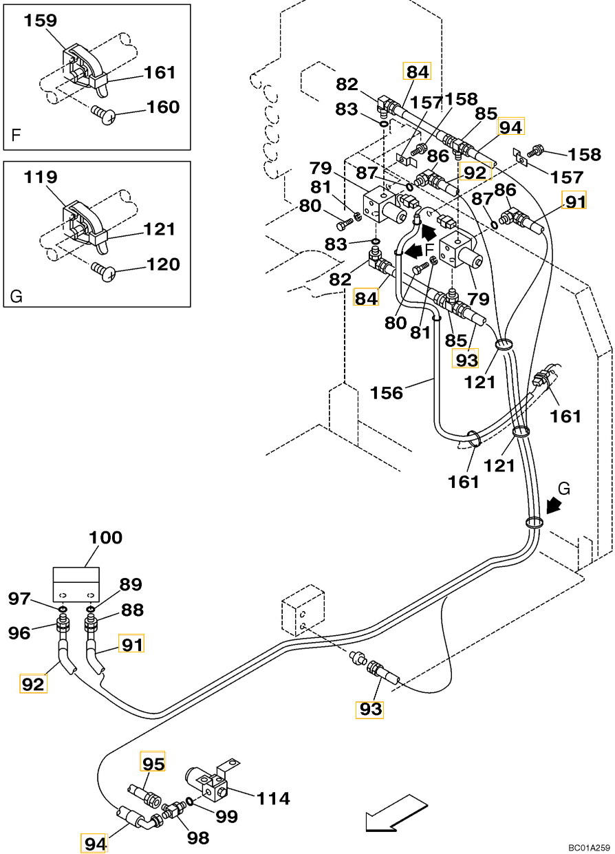 Case CX240 installation diagram showing hydraulic hose 167352A1 at Pipe No. 94