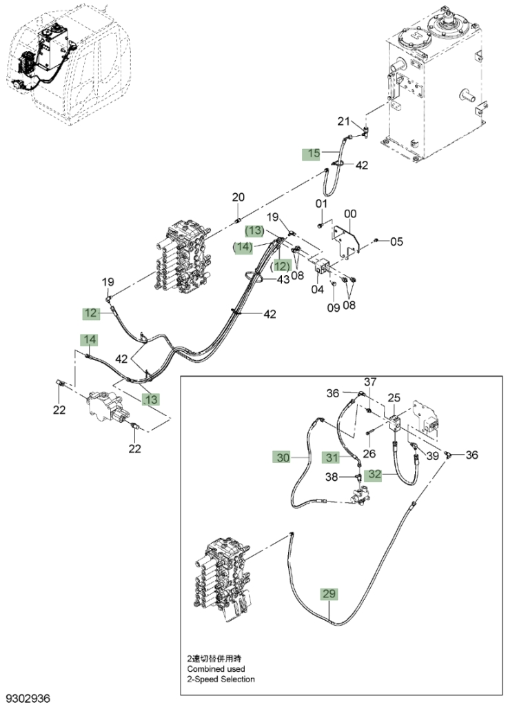 Hitachi ZX75US-3 installation diagram showing hydraulic hose 9303371 at Pipe No. 15