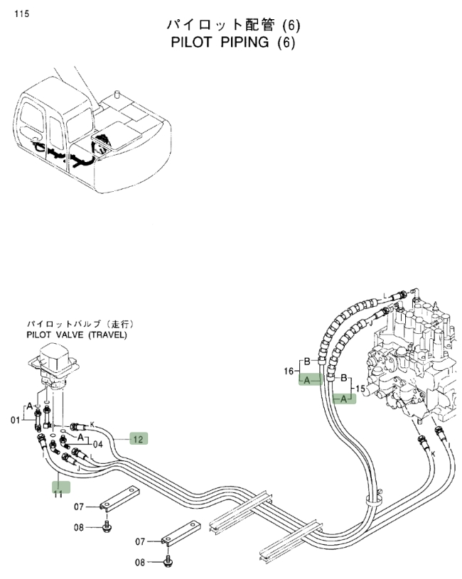 Hitachi EX120-5 installation diagram showing hydraulic hose 4432099 at Pipe No. 11