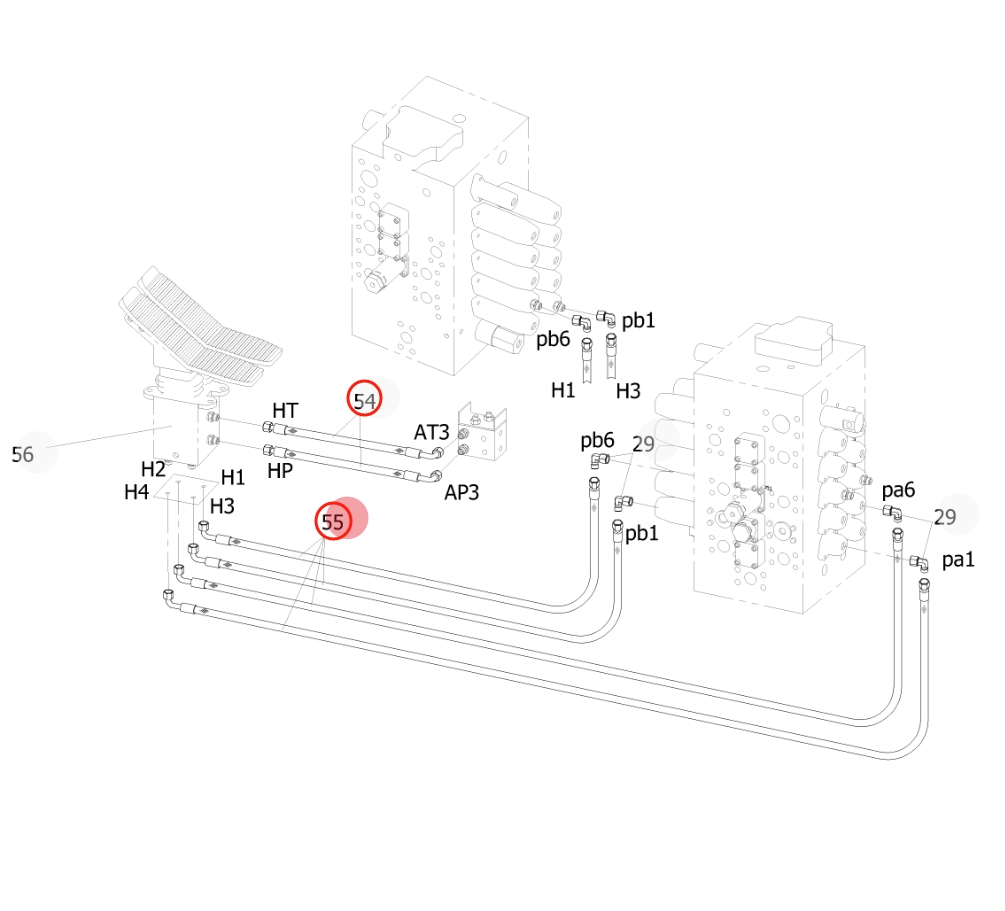 Sunward SWE215E installation diagram showing hydraulic hose 730502000390 at Pipe No. 55