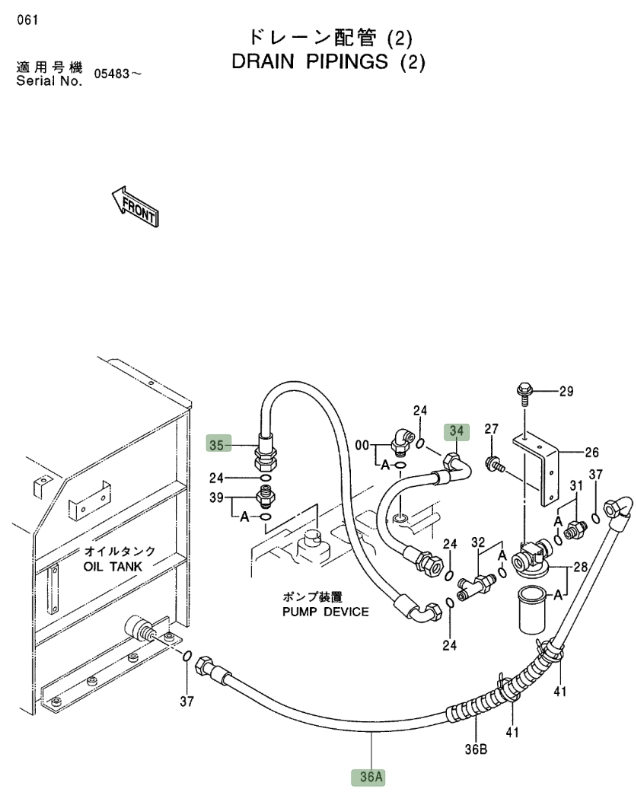 Hitachi EX400LC-3 installation diagram showing hydraulic hose 4365395 at Pipe No. 36A