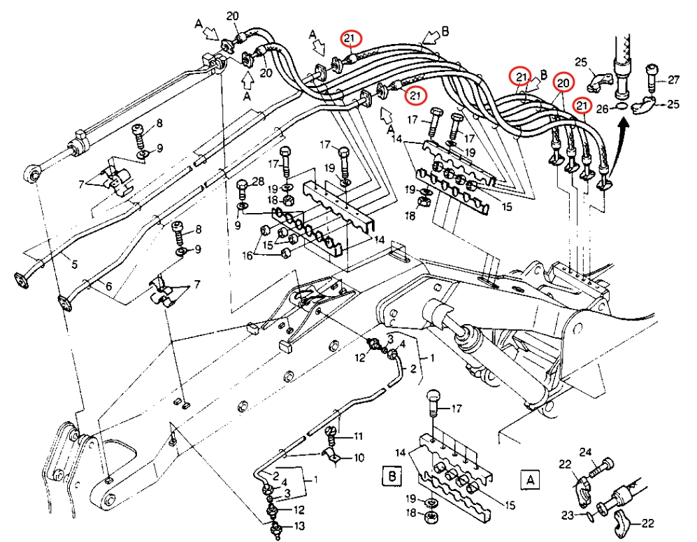 Caterpillar CAT®214B installation diagram showing hydraulic hose 8U-0493 at Pipe No. 20