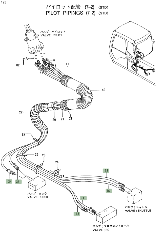 Hitachi EX400LC-3 installation diagram showing hydraulic hose 4316007 at Pipe No. 12