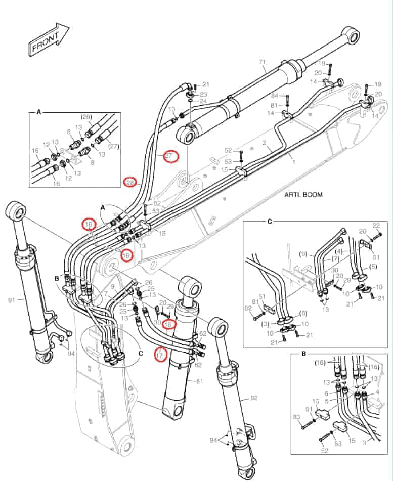 Doosan DX140LCR-5 installation diagram showing hydraulic hose 2184-1196D65 at Pipe No. 28