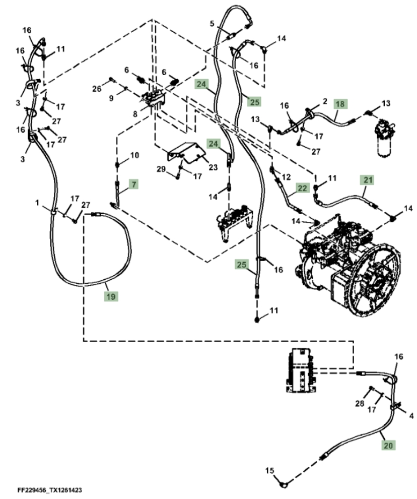 Hitachi ZX370F-LL-6N installation diagram showing hydraulic hose FF528673 at Pipe No. 24